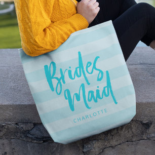 Preppy Blue Stripes Brush Script Bridesmaid Tote Bag