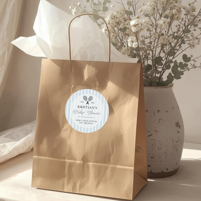 Preppy Blue Tennis Theme Chic Baby Shower Classic Round Sticker (elegant blue and white striped baby shower stickers with tennis motif for preppy theme events favors)