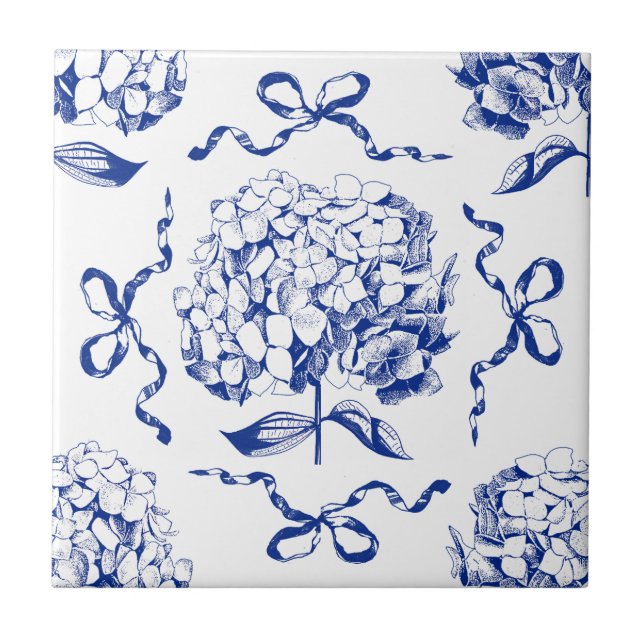 Preppy Blue Toile Hydrangea Bow Seamless Pattern Tile (Front)