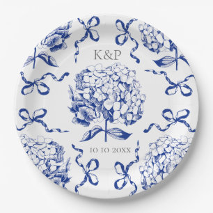 Preppy Blue Toile Hydrangea Bow with Name Paper Plate