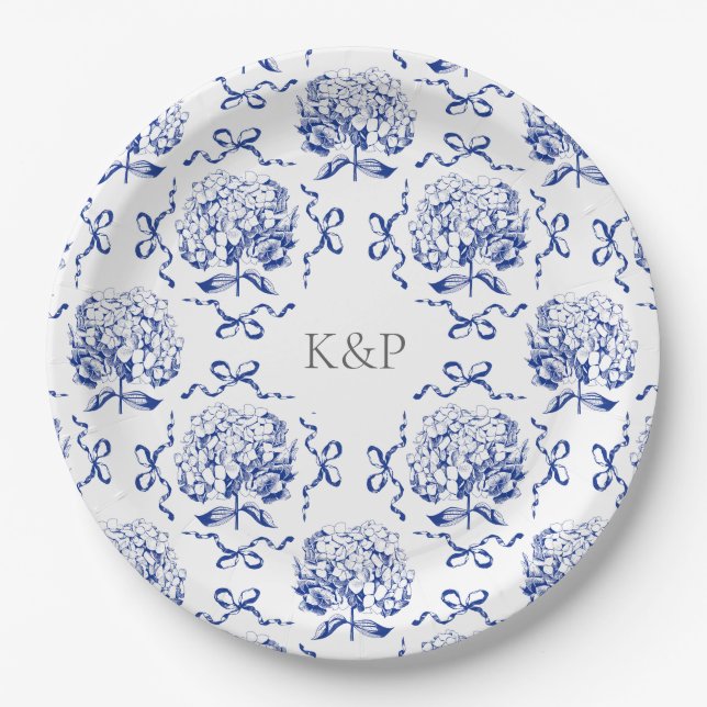 Preppy Blue Toile Hydrangea Bow with Name Paper Plate (Front)