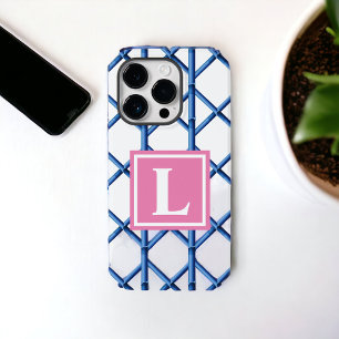 Preppy Blue Trellis Bamboo Pattern Monogram Case-Mate iPhone 14 Pro Case
