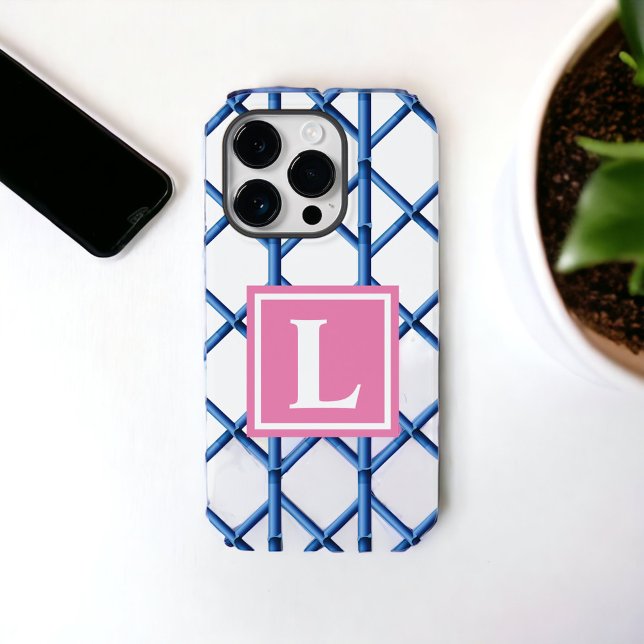 Preppy Blue Trellis Bamboo Pattern Monogram Case-Mate iPhone Case (Creator Uploaded)