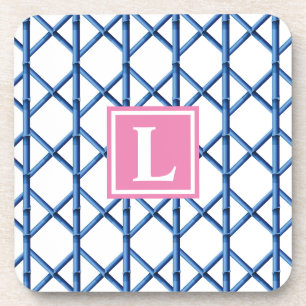 Preppy Blue Trellis Bamboo Pattern Monogram Coaster