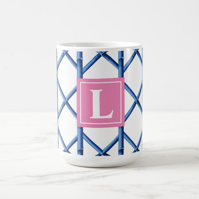 Preppy Blue Trellis Bamboo Pattern Monogram Coffee Mug (Center)