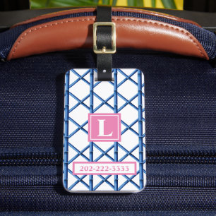 Preppy Blue Trellis Bamboo Pattern Monogram Luggage Tag
