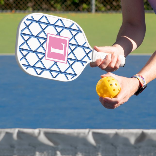 Preppy Blue Trellis Bamboo Pattern Monogram Pickleball Paddle (Insitu)