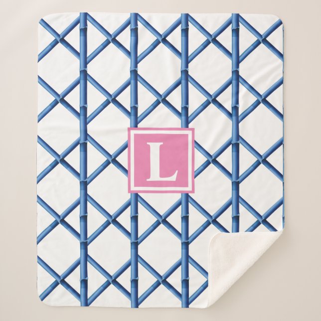 Preppy Blue Trellis Bamboo Pattern Monogram Sherpa Blanket (Front)