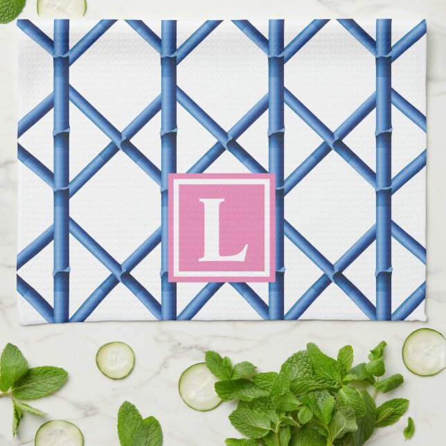 Preppy Blue Trellis Bamboo Pattern Monogram Tea Towel (Folded)