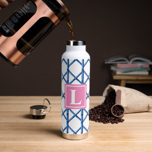 Preppy Blue Trellis Bamboo Pattern Monogram Water Bottle