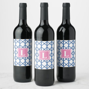 Preppy Blue Trellis Bamboo Pattern Monogram Wine Label