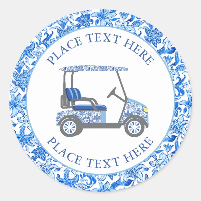 Preppy Blue & White Flowers Golf Cart Classic Round Sticker (Front)