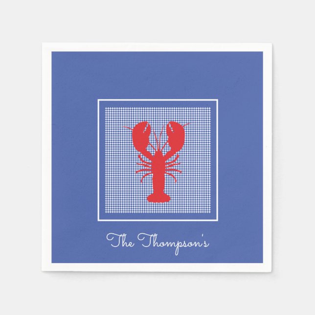 Preppy Blue White Gingham Red Lobster Custom Name Napkin (Front)