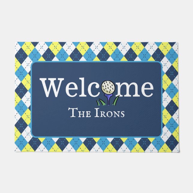 Preppy Blue Yellow Argyle Personalise Golf Welcome Doormat (Front)
