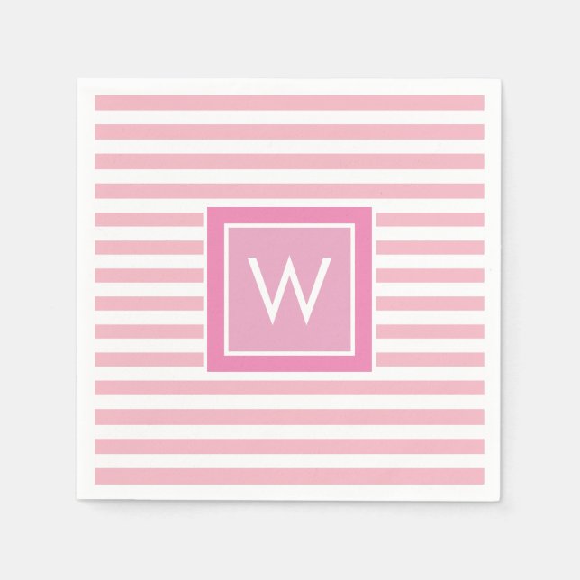 Preppy Blush Pink and White Stripe Monogram Napkin (Front)