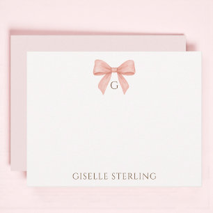 Preppy Blush Pink Bow Watercolor Monogram Card