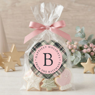 Preppy Blush Pink Plaid Monogram Christmas Holiday Classic Round Sticker
