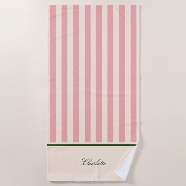 Preppy Blush Pink Stripe Beach Towel (Front)