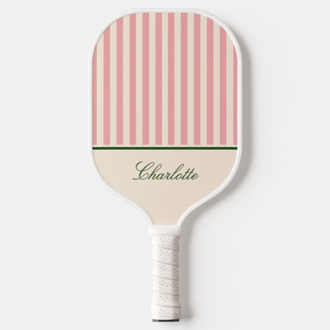 Preppy Blush Pink Stripe Pickleball Paddle (Front)