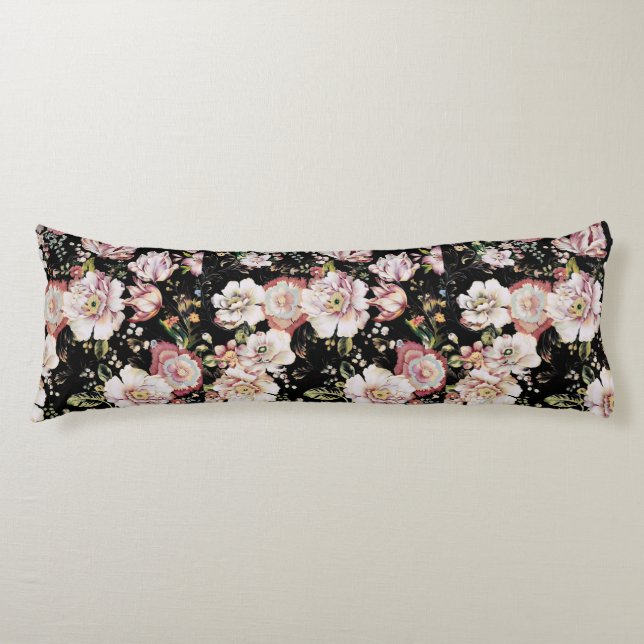 Preppy bohemian country girly chic black floral body cushion (Front)