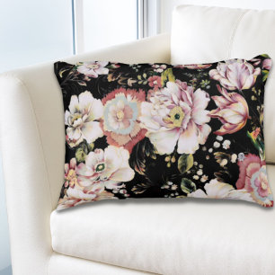 Preppy bohemian country girly chic black floral decorative cushion