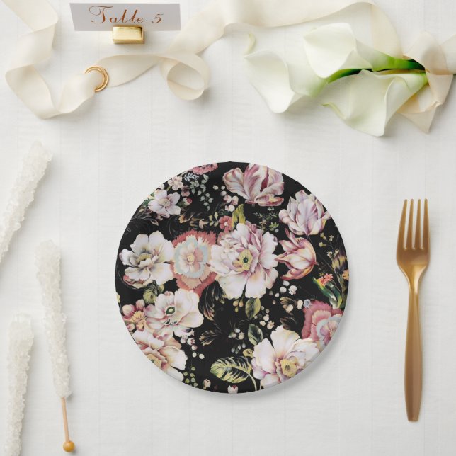 Preppy bohemian country girly chic black floral paper plate (Wedding)