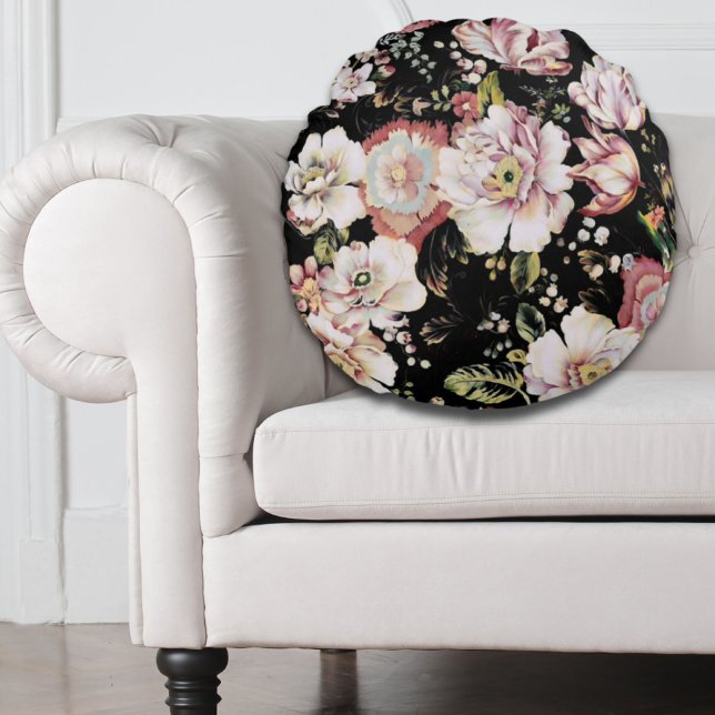 Preppy bohemian country girly chic black floral round cushion (Preppy bohemian country girly chic black floral round pillow)