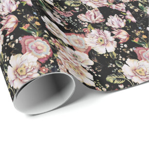 Preppy bohemian country girly chic black floral wrapping paper