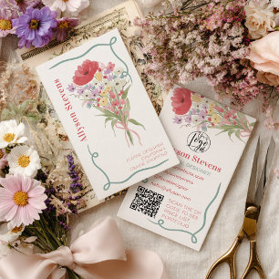 Preppy boho floral watercolor florist logo qr business card