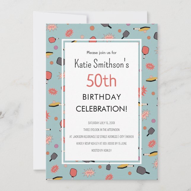 Preppy Bold Blue Pickleball Party 50th Birthday Invitation (Front)