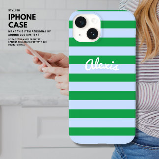 Preppy Bold Retro Stripe Pink Green Personalised Case-Mate iPhone 14 Case