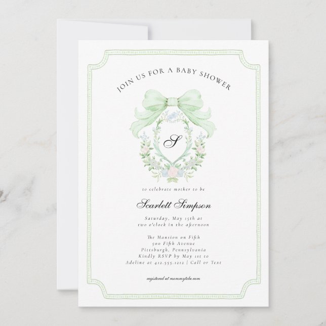 Preppy Botanical Green Bow Monogram Baby Shower   Invitation (Front)