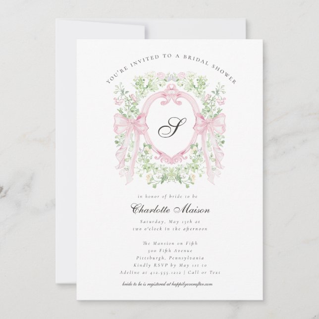 Preppy Botanical Pink Bow Monogram Baby Shower   I Invitation (Front)