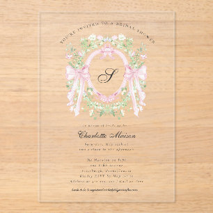 Preppy Botanical Pink Bow Monogram Bridal Shower  Acrylic Invitations