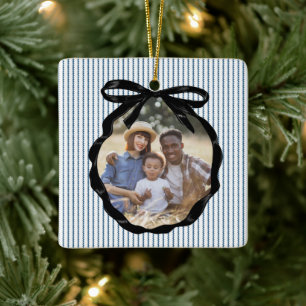 Preppy Bow Frame Indigo Photo Ceramic Ornament