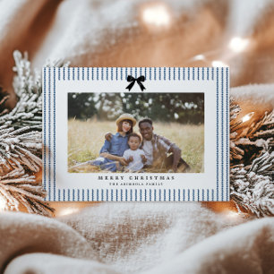 Preppy Bow Indigo Stripe Photo Holiday Card