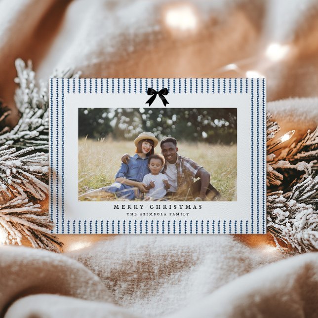 Preppy Bow Indigo Stripe Photo Holiday Card (Creator Uploaded)