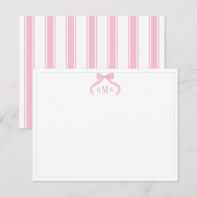 Preppy Bow Pink And Green Three Letter Monogram Thank You Card (Front/Back)