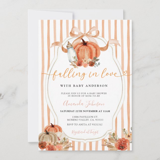 Preppy Bow Pumpkin Falling In Love Baby Shower Invitation (Front)