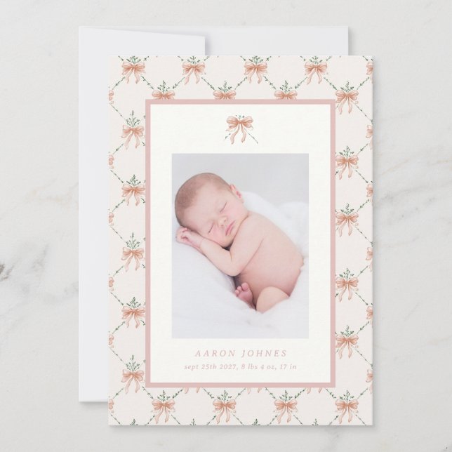 Preppy Bow Trellis Cute Birth Announcement (Front)