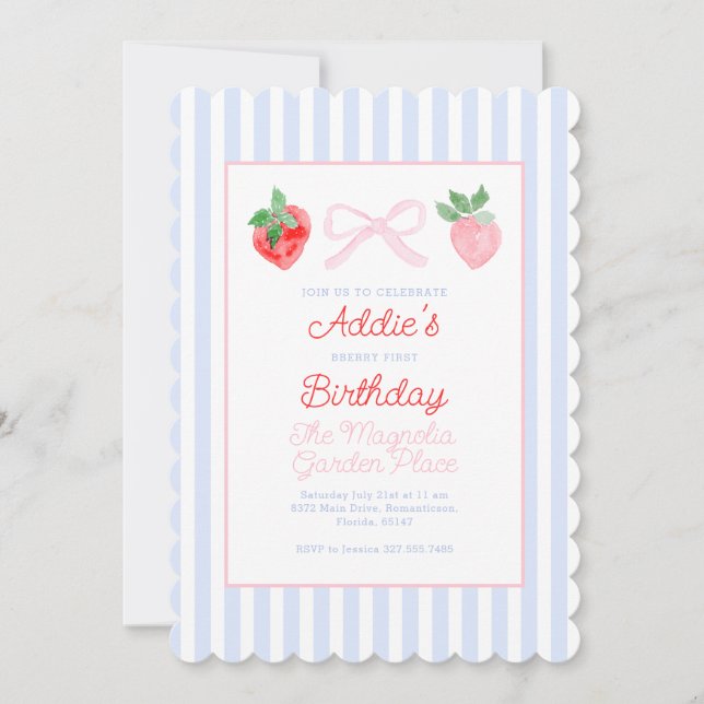 Preppy Bows & Strawberries Berry First Birthday Invitation (Front)
