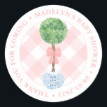 Preppy Boxwood Pink Bow Girl Baby Shower Thank You Classic Round Sticker<br><div class="desc">Watercolor Boxwood topiary in a ginger jar planter against a pink gingham background. All watercolor elements originally handpainted by me into 100% cotton paper before being scanned into digital form. PLEASE NOTE the text around the edge needs to be exactly the same length as the sample to curve correctly. Maybe...</div>