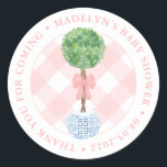 Preppy Boxwood Pink Bow Girl Baby Shower Thank You Classic Round Sticker<br><div class="desc">Watercolor Boxwood topiary in a ginger jar planter against a pink gingham background. All watercolor elements originally handpainted by me into 100% cotton paper before being scanned into digital form. PLEASE NOTE the text around the edge needs to be exactly the same length as the sample to curve correctly. Maybe...</div>
