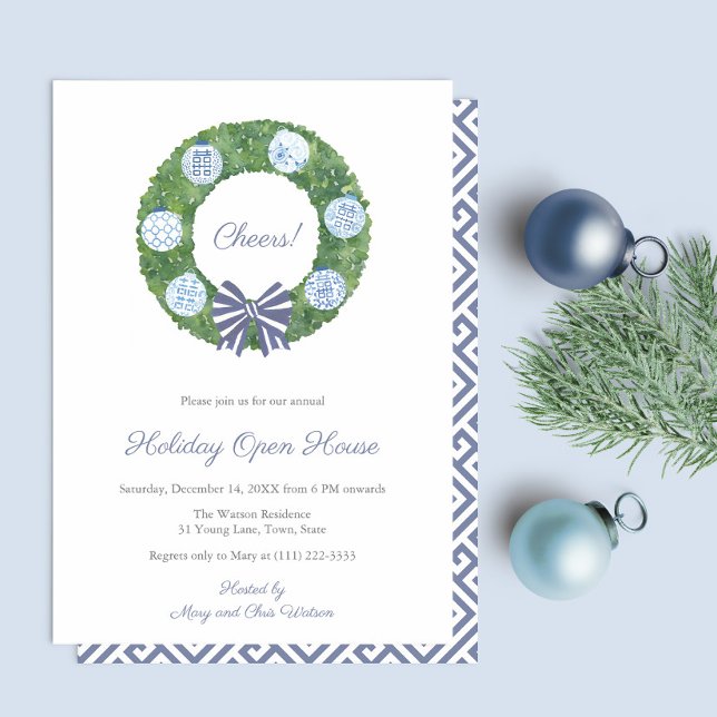 Preppy Boxwood Wreath Christmas Drinks Party Invitation (Holiday Open House party invitation: Preppy boxwood wreath with blue and white ginger jar ornaments.)