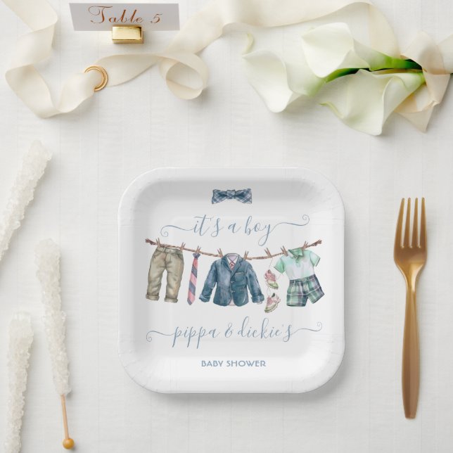 Preppy Boy clothesline Baby Shower Paper Plate (Wedding)
