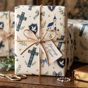 Preppy Boy Faith Dove, Bible and Church Pattern Wrapping Paper Sheet