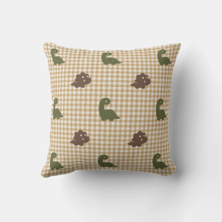 Preppy Boys Dinosaur Gingham  Army Green & Khaki Cushion