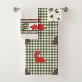 Preppy Boys Dinosaur Gingham -  Brown Red & Green Bath Towel Set