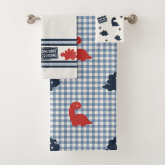 Preppy Boys Dinosaur Gingham - Navy Red & Blue Bath Towel Set