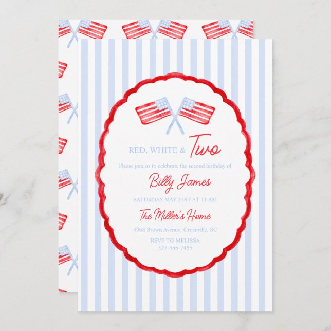Preppy Boys Red White & Two Patriotic Birthday Invitation (Front/Back)
